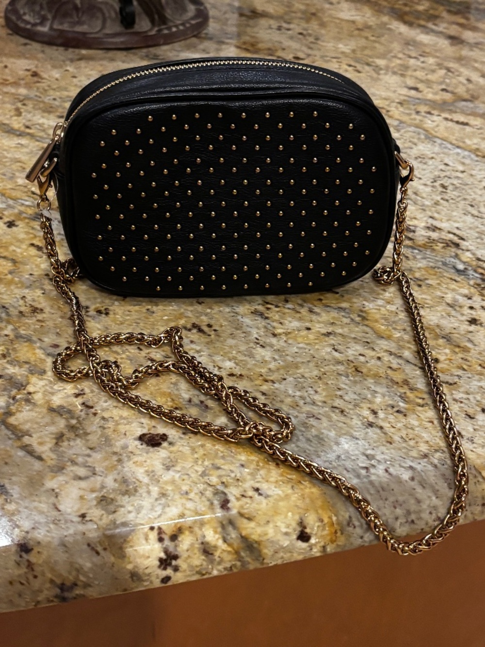 Sam Edelman black studded leather camera bag with gold chain